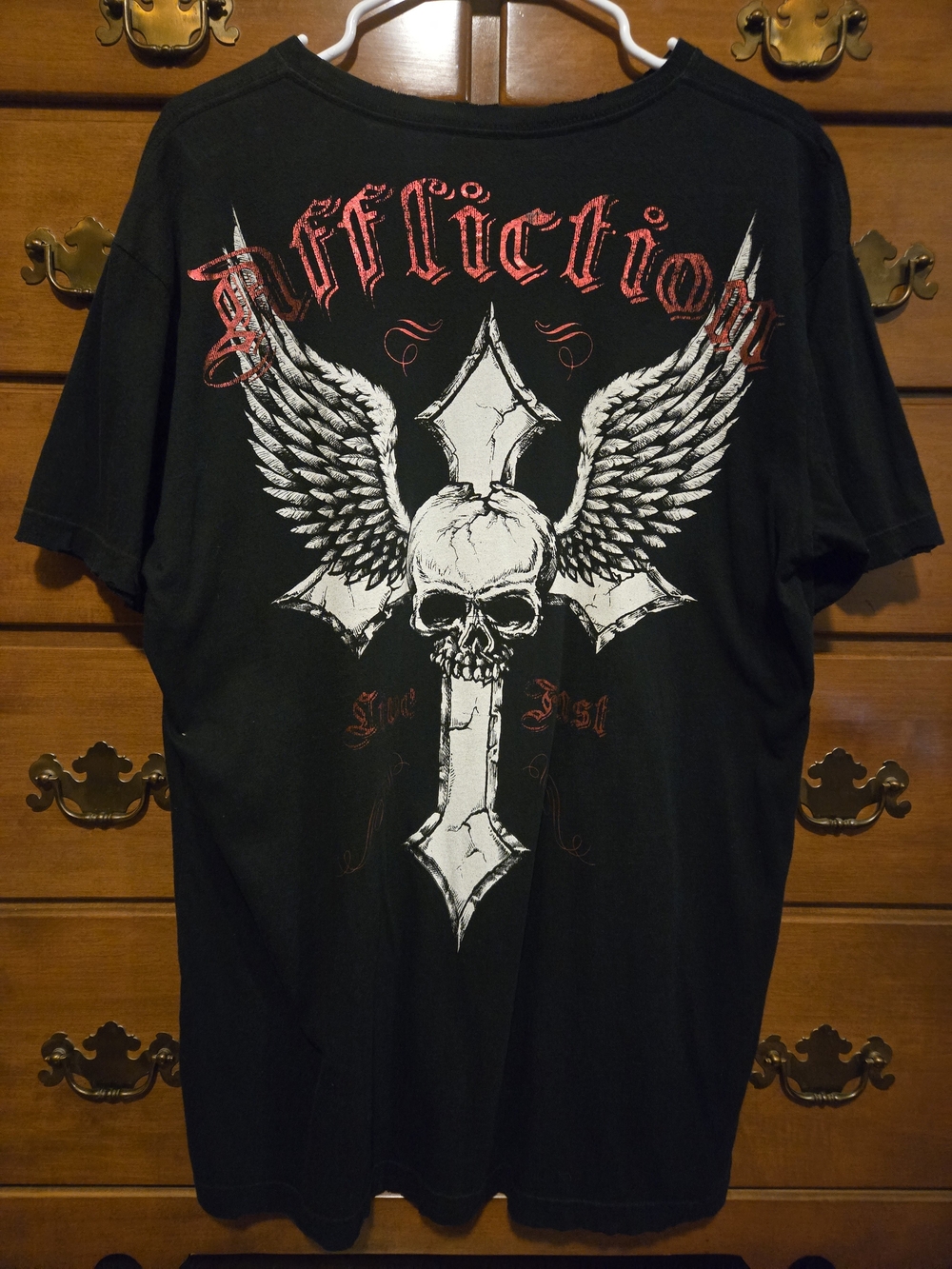 Original Y2K Affliction Black Tee with White Skull, Wings & Cross